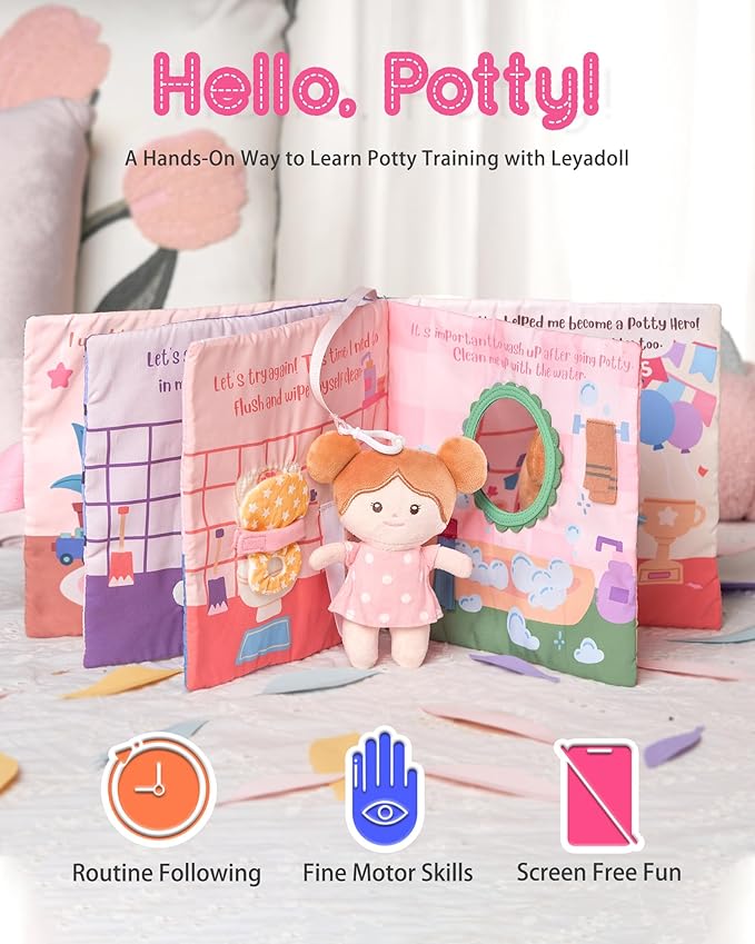 Interactive Sensory Soft Cloth Book, Educational Crinkle Quiet Activity Busy Book for Babies,Toddler Travel Toy Gift for Boys and Girls (Hello Potty)-BubblyBeeBaby