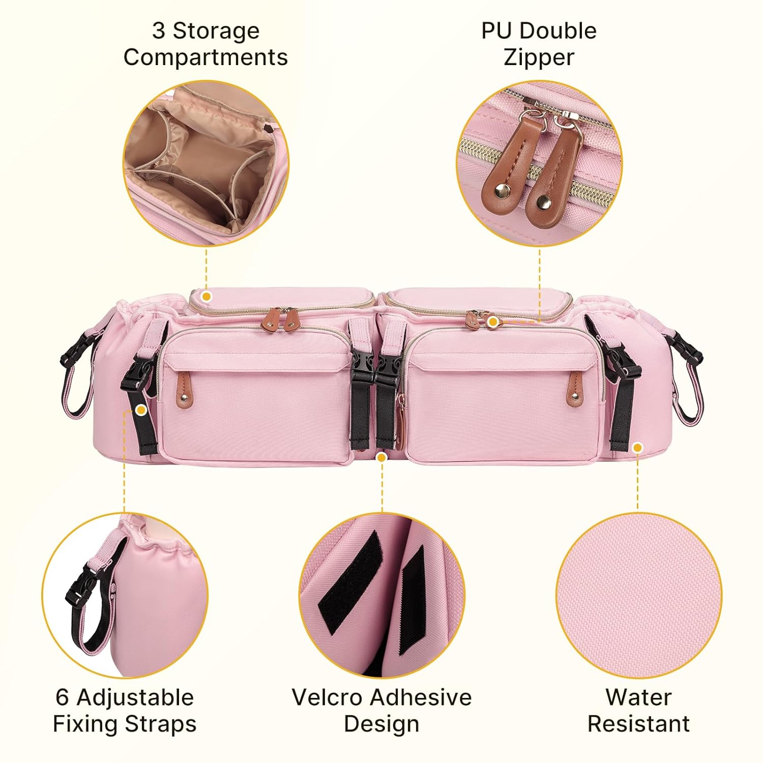 Double Stroller Organizer for Bob Duallie and Baby Jogger City Mini GT2, Double Stroller Caddy Organizers with Cup Holder and 2 Cooler Pockets Parent Console Double Stroller Accessories