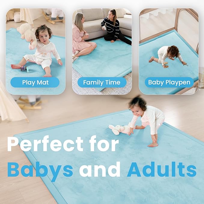 1.3" Thick Baby Play Mat for Floor Playpen, 50x50 Foam Tummy Time Mat, Padded Support Soft Plush Nursery Rug for Infant Kids Toddler Crawling Kick Activity (Ice Blue)-BubblyBeeBaby