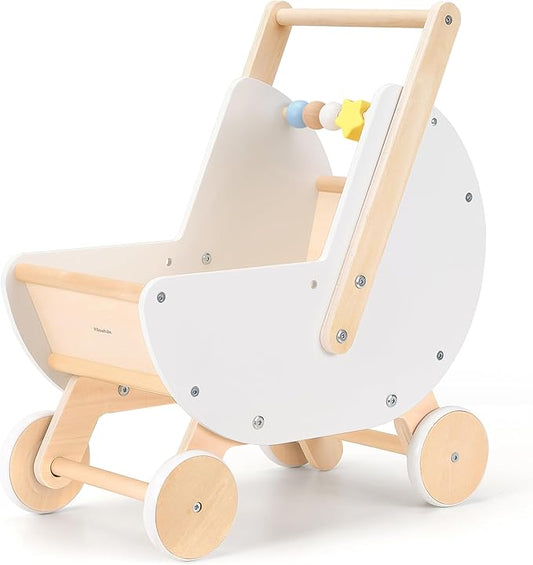 Wooden Baby Walker & Doll Stroller – Adjustable Handle Push Cart, Anti‑Tip, Quiet Wheels, Pretend Shopping Cart – Montessori Wooden Walker for Babies , Doll Stroller for Toddlers 12m+-BubblyBeeBaby