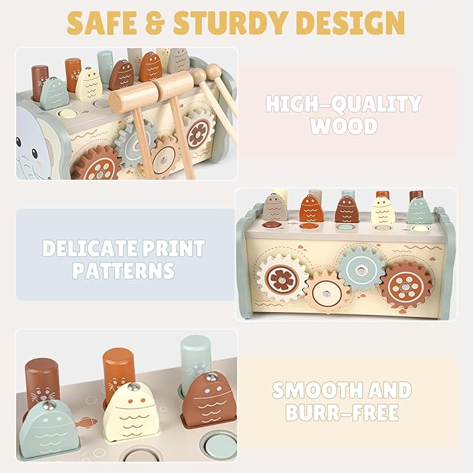 Joyreal Wooden Montessori Toys for 1 Year Old - Hammering Pounding Toy with Xylophone & Fishing Game - Educational Toddler Activities for 1 2 3 Year Old Christmas Birthday Gifts-BubblyBeeBaby