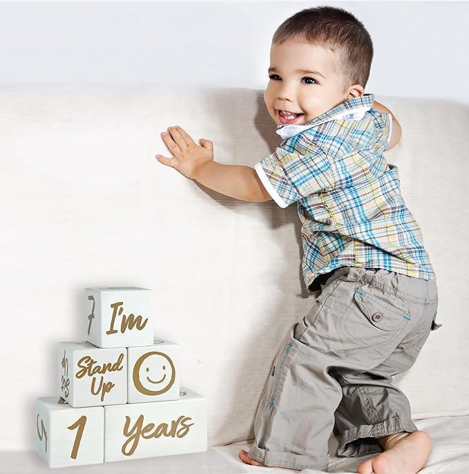 I'm Solid Wood Weekly Monthly Yearly Baby Milestone Age Blocks, Gender Neutral, Newborn Gifts & Keepsakes for Picture Props (5 Pcs/White)-BubblyBeeBaby