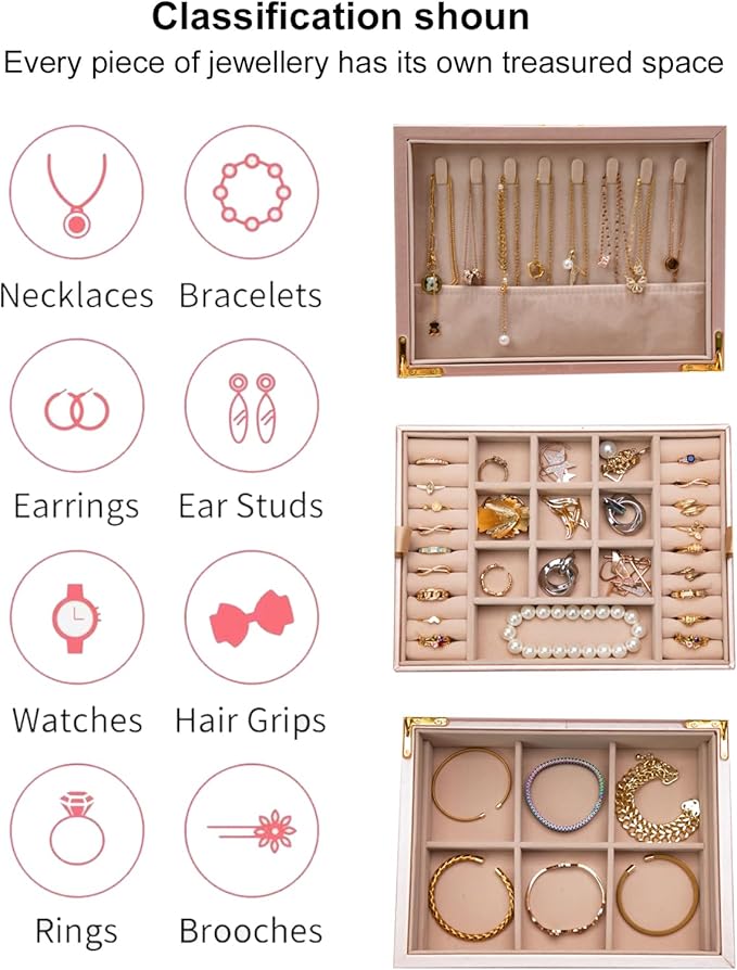 2-layer jewelry box，Jewelry Organizer with Handle，with hanging necklace hooks, detachable jewelry trays, suitable for storing a large amount of jewelry gift box (rose gold)-BubblyBeeBaby