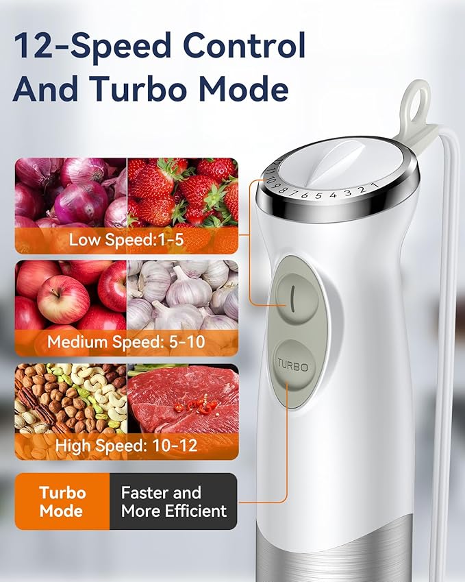 Immersion Blender Handheld 1000W 5 in 1 Corded Stick Hand Blender Kitchen with 12 Speed, BPA-Free, Mixing Beaker, Chopper, Whisk, Milk Frother, Perfect Emulsifier for Soup, Baby Food, Sauce, Puree-BubblyBeeBaby