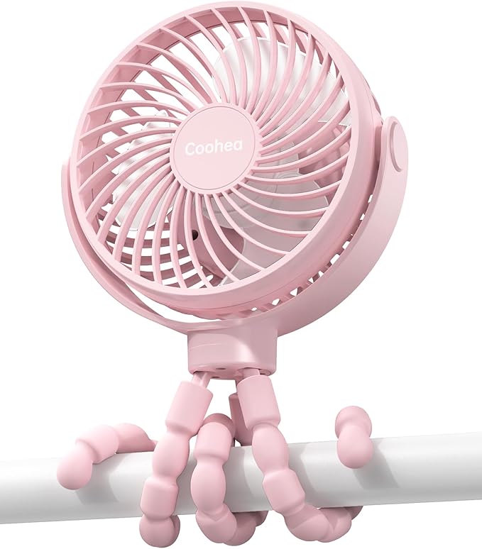 Stroller Fan Clip on for Baby, 4000mAh Rechargeable Battery Operated, Flexible Tripod, 3 Wind Speed, 360° Rotatable, Small Portable Fan for Car Seat Crib Backseat Beach Travel Camping, Pink-BubblyBeeBaby