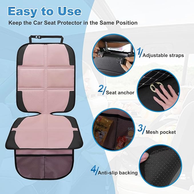 Car Seat Protector for Child, 2 Pack Baby Covers with Mesh Pockets & Non-Slip Backing 600D Durable Under Seat for Back (Rose Gold, Standard)-BubblyBeeBaby