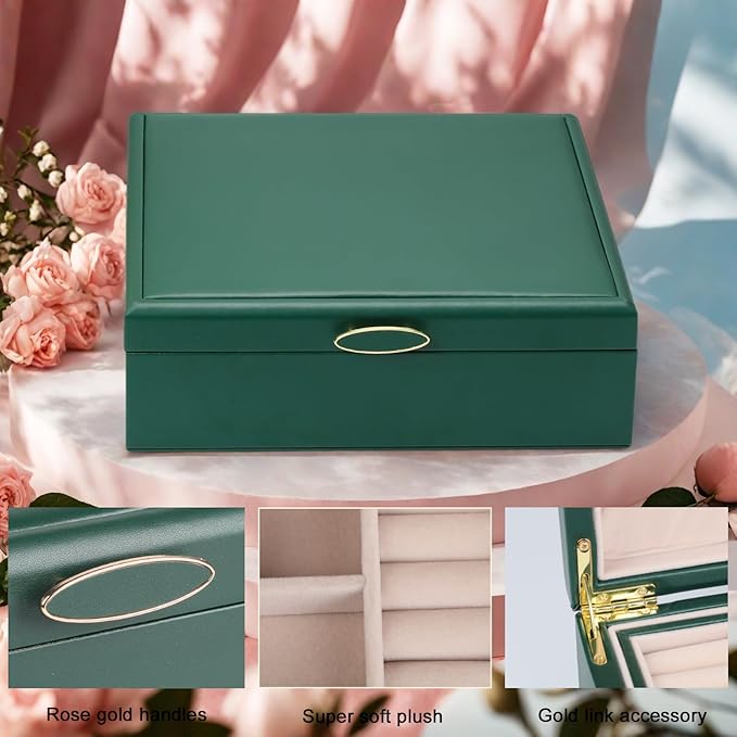 2-layer jewelry box，Jewelry Organizer with Handle，with hanging necklace hooks, detachable jewelry trays, suitable for storing a large amount of jewelry gift box (Large-Green)-BubblyBeeBaby