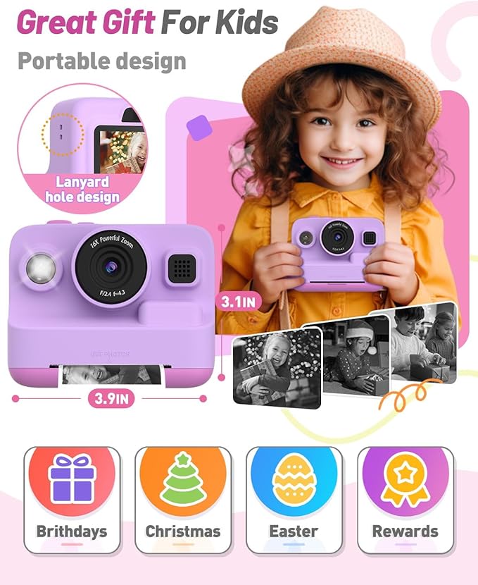 Instant Print Camera for Kids, Christmas Birthday Gifts for 3-12 Year Old Girls Boys, 2.4in Screen 1080P Video Digital Camera Toys for Kids Age 4 5 6 7 8 9 10 with 3 Rolls Print Paper 32G Card-BubblyBeeBaby