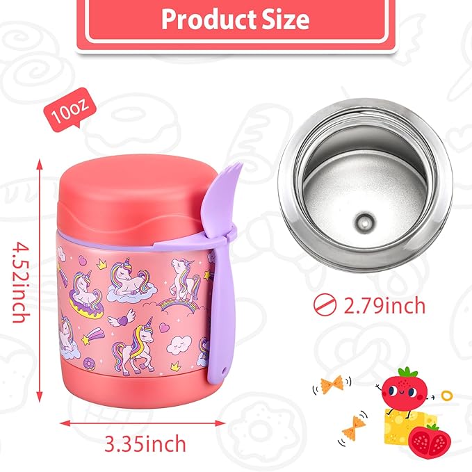 10oz Soup Thermo for Hot Food Kids,Lunch Thermo Kids Food Jar with Spoon Hot Insulated Food Containers,Leak Proof Stainless Steel Wide Mouth Lunch Food Thermo Jar for School(Pink-Unique Horse)-BubblyBeeBaby