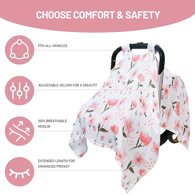 80S Muslin Car Seat Cover for Babies - Soft & Breathable Infant Carrier Canopy, Lightweight Sunshade for Summer, Universal Fit for Baby Boys & Girls-BubblyBeeBaby