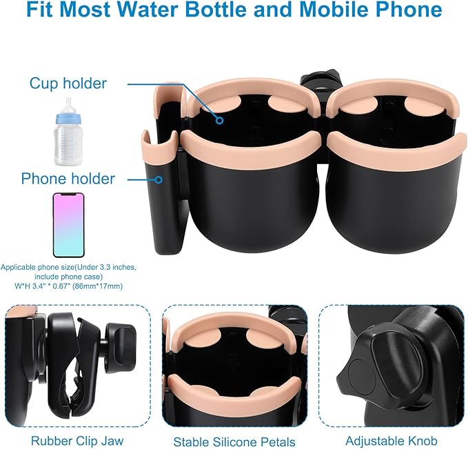 Accmor Stroller Cup Holder with Phone Holder, Bike Cup Holder, Universal Cup Holder for Uppababy Nuna Doona Strollers, 2-in-1 Cup Phone Holder for Stroller, Bike, Wheelchair, Walker, Scooter-BubblyBeeBaby