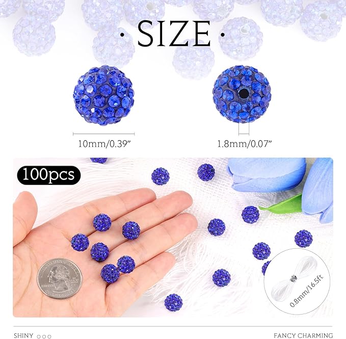 100 Pcs 10 Mixed Colors Rhinestone Beads for Jewelry Making, Sparkle Crystal Clay Christmas for Bracelet Baseball Necklace Earring Crafting and DIY, Shiny Round Shamballa Disco Ball Beads-BubblyBeeBaby