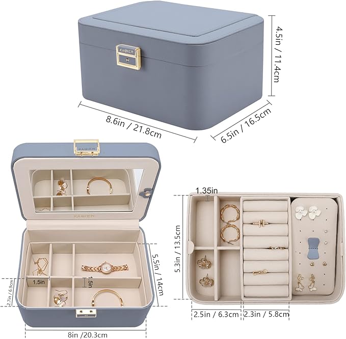 KAMIER Jewelry Organizer Box, 2 Layers PU Leather, Large Capacity, Double Lock and Large Mirror, Hidden Necklace Hooks, Removable Dividers, Gift Box Packaging,Bluish Grey-BubblyBeeBaby