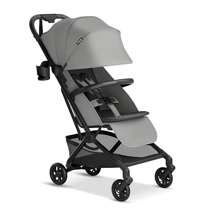 Mompush Velo Lightweight Travel Stroller – One-Hand Fold, Ultra-Compact & Airplane Friendly, Lie-Flat Recline Seat (from Birth to 50 lbs), Includes Cup Holder, Shoulder Strap, and Leather Bumper Bar-BubblyBeeBaby