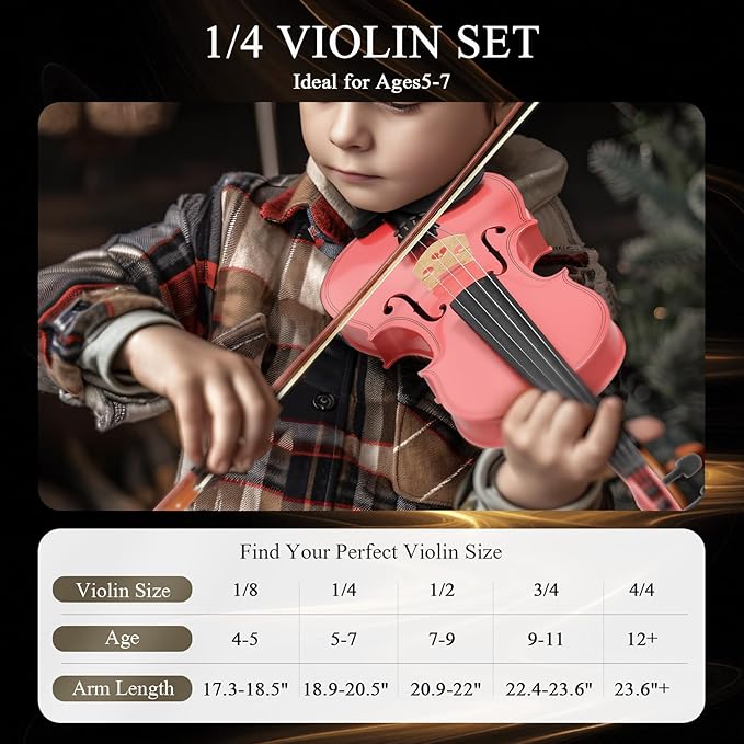 1/4 Violin Kit, Beginner Violin for Kids, Students, Complete Kids Violins Set with Case, Bow, Rosin, Ideal for Kids Violins Beginner Ages 5-7, Pink-BubblyBeeBaby