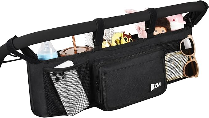 ZZM Double Stroller Organizer for Bob Duallie and Baby Jogger City Mini GT2, Double Baby Stroller Accessories with 2 Cooler Pockets, Parent Console Double Jogging Stroller Organizer(Empty Bag)-BubblyBeeBaby