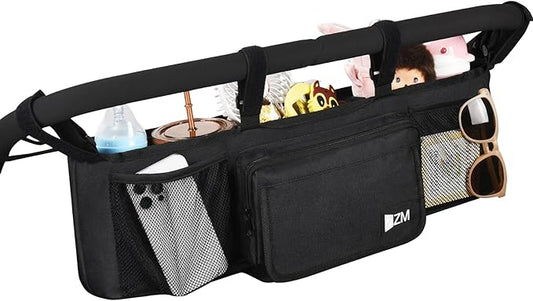 ZZM Double Stroller Organizer for Bob Duallie and Baby Jogger City Mini GT2, Double Baby Stroller Accessories with 2 Cooler Pockets, Parent Console Double Jogging Stroller Organizer(Empty Bag)-BubblyBeeBaby