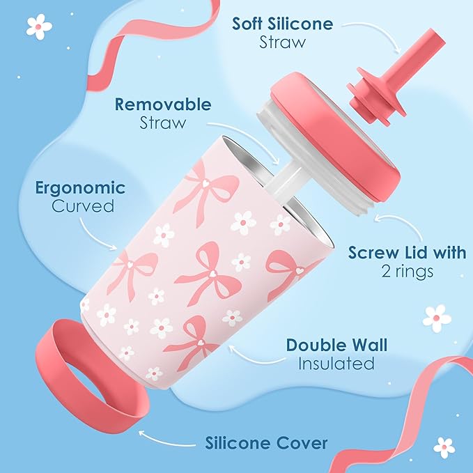 Kid Insulated Stainless Steel Tumbler with Silicone Straw, 12oz Sippy Cup for Kids (Pink Bows)-BubblyBeeBaby