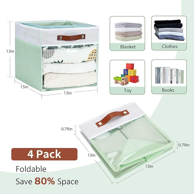 HNZIGE 13x15x13 Cube Storage Bins, 4 Pack Fabric Clear Organizer With Window, Large Collapsible Shelf Bins for Closet, Toy, Clothes - White Green-BubblyBeeBaby
