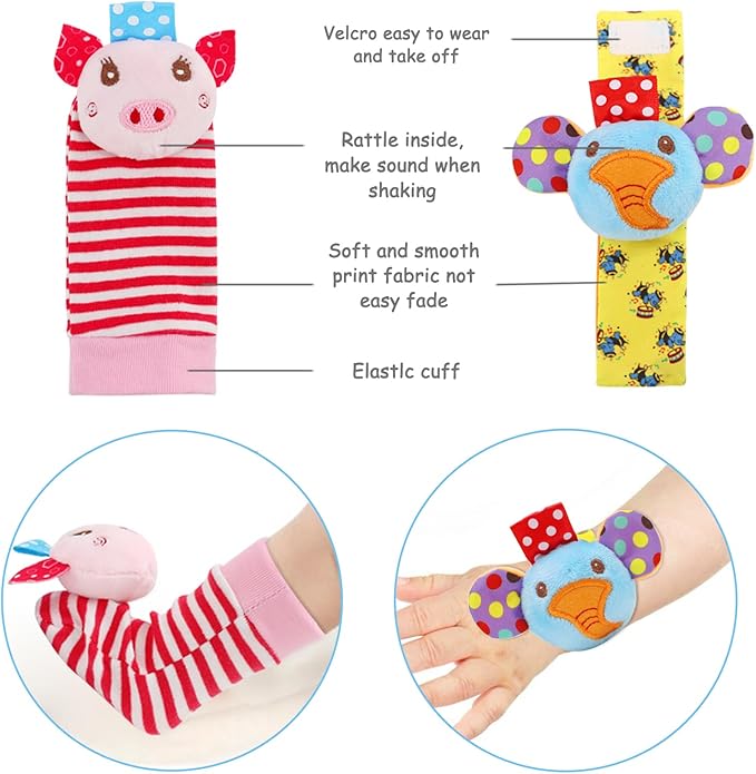 Infant Rattle Socks Toys 0 to 12 Months, Baby Wrist Rattle Foot Finder Socks Set, Birthday Holiday Present for Newborn Boy Girl 0/3/4/6/7/8/9/12/18 Months Kids Toddler, Gift Box Package (4A)-BubblyBeeBaby