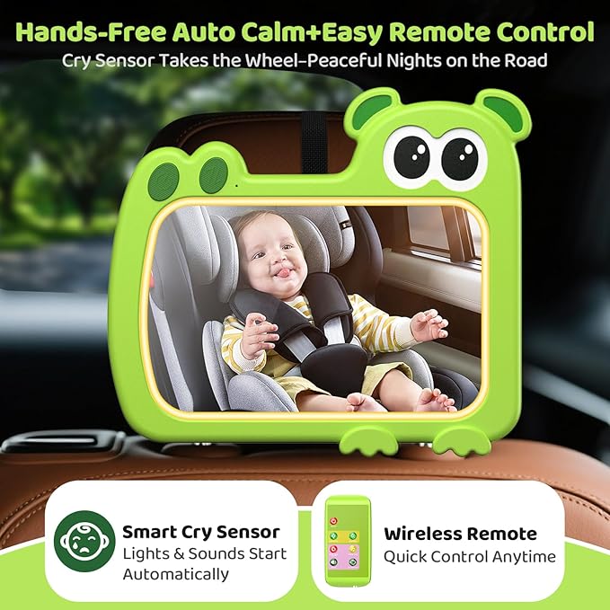 2-in-1 Baby Car Mirror with Lights & Soft Sounds, Cry Detector, Clear Night View, 360° Rotation, Shatterproof, Rear Facing Baby Car Seat Mirror with Remote Control, Perfect Baby Shower Gifts (Green)-BubblyBeeBaby
