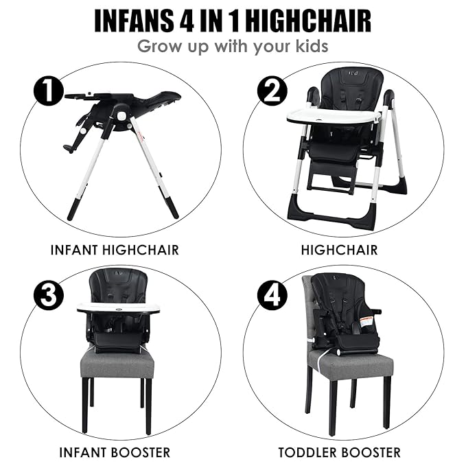 INFANS 4 in 1 High Chair–Booster Seat, Convertible Highchair w/Adjustable Height and Recline,Removable Tray,DetachableCushion, Installation-Free,Simple Fold for Baby, Infant& Toddler-BubblyBeeBaby