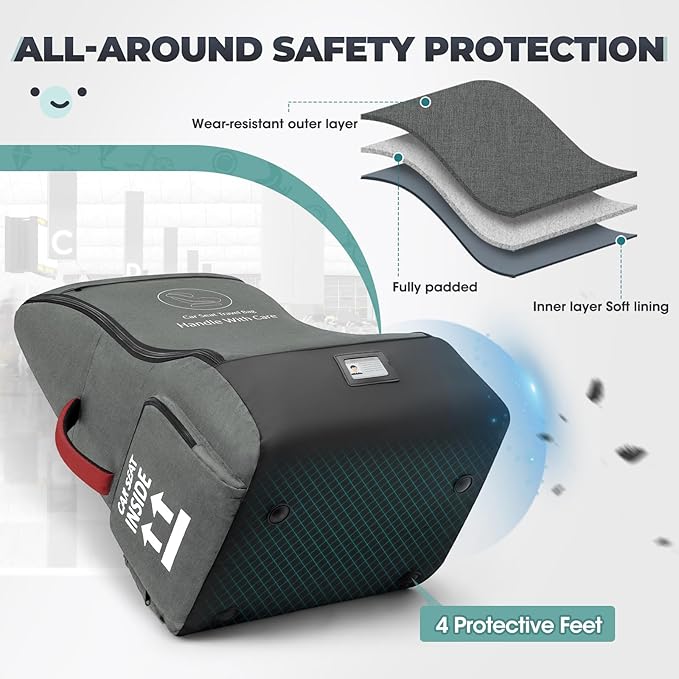 RAINSMORE Padded Car Seat Travel Bag for Airplane Heavy Duty Car Seat Backpack for Air Travel Baby Carseat Cover Bags for Airport Large Car Seats Carrier Fits Car Seats & Booster Seats,Gray-BubblyBeeBaby