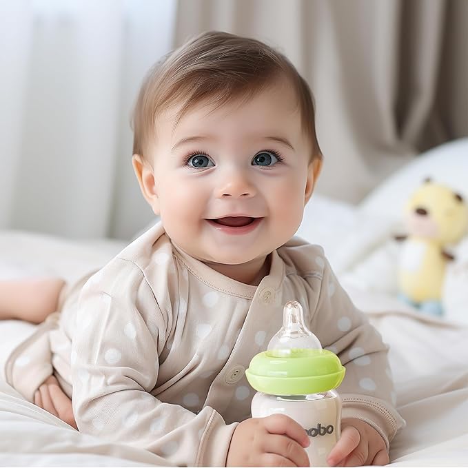 YOHKOH Natural Glass Baby Bottle with Natural Response Nipple, Newborn Anti-Colic Baby Bottles, Wide Neck Mushroom Cap Baby Bottle, Clear (Green, 3.4oz (Pack of 2))-BubblyBeeBaby