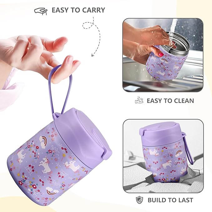17oz Soup Thermo for Hot Food Kids Insulated Vacuum Food Jar with Stainless Steel Spoon Wide Mouth Thermo Leakproof Lunch Food Container Kids Hot Lunch Box (Purple-Horse)-BubblyBeeBaby