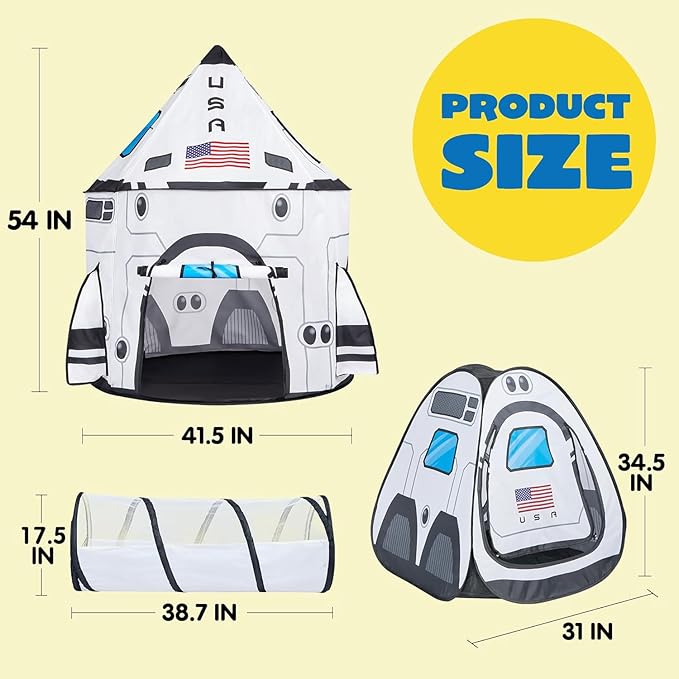 JOYIN White Rocket Ship Pop up Play Tent with Tunnel and Playhouse Kids Indoor Outdoor Spaceship Tent Set-BubblyBeeBaby
