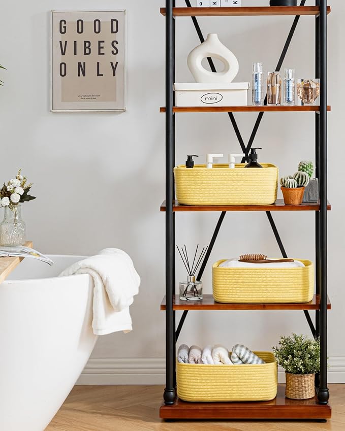 KALLAX Small Woven Basket, 13.5 x 9.5 x 5 Inches, Storage Basket for Organizing, Cute Small Rope Shelf Closet Cube Storage Bins Baskets for Shelves, Dog Toy Gift Baskets Empty, 3 Pack Yellow-BubblyBeeBaby