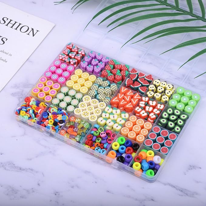 1000PCS Polymer Clay Beads Bracelet Making kit, 24 Style Cute Fun Beads Fruit Beads Charms for Jewelry Necklace Earring Making DIY Accessories for Women Girls-BubblyBeeBaby