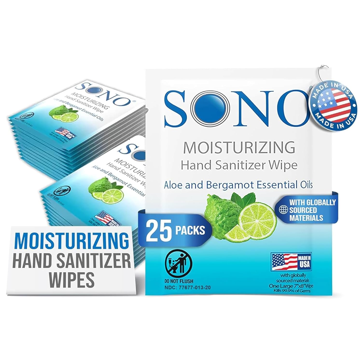SONO Bergamot & Aloe Moisturizing Hand Sanitizer Wipes - TSA-Approved Travel Size Individual Packs for On-the-Go Hygiene & Cleansing - Alcohol-Free Antibacterial for Hands & Surfaces