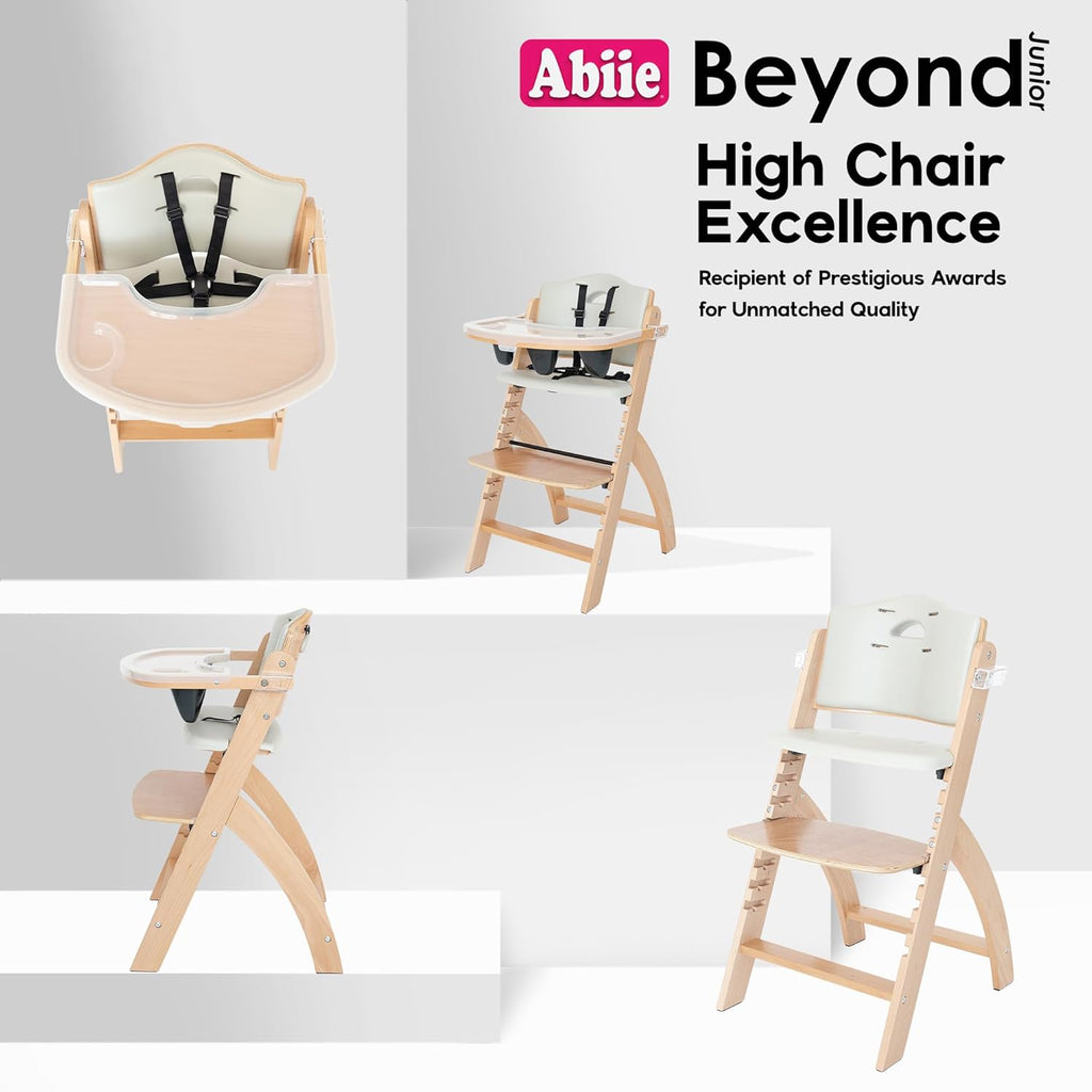 Abiie Beyond Junior Wooden High Chair with Tray - Adjustable and Convertible High Chair for Babies and Toddlers - 6 Months to 250 Lb - Water Resistant - Natural Wood/Dove Grey Cushion