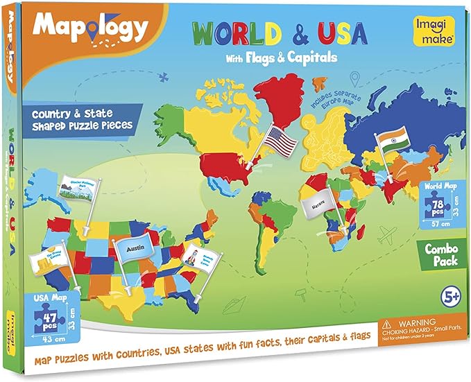 Imagimake Mapology USA & World Map Puzzle with Flags, Capitals, Stickers | Educational Toys for Ages 5-7 | Jigsaw Puzzles for Kids Ages 8-10 | Geography Toys for Ages 8-13 | 6 Year Old Boy/Girl Gifts-BubblyBeeBaby