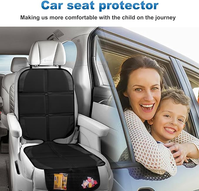 Car Seat Protector, 2 Pack Baby CarSeat Protector with Mesh Pockets & Non-Slip Backing 600D Durable Seat Cover Under Baby Child Car Seat, (Black, Standard)-BubblyBeeBaby