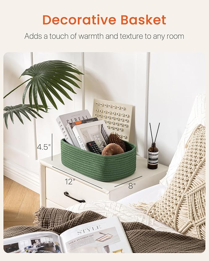 KALLAX Small Woven Basket, 12 x 8 x 4.5 Inches, Storage Basket for Organizing, Cute Small Rope Shelf Closet Cube Storage Bins Baskets for Shelves, Dog Toy Gift Baskets Empty, 3 Packs, Green-BubblyBeeBaby