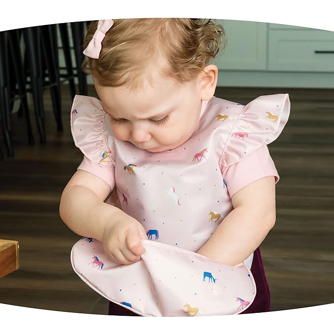 Tiny Twinkle Mess Proof Baby Bib - Waterproof & Lightweight Baby-Led Weaning Apron | 100% Recycled Polyester, Easy Clean & Machine Washable (Unicorn Confetti, Small 6-24 Months)-BubblyBeeBaby