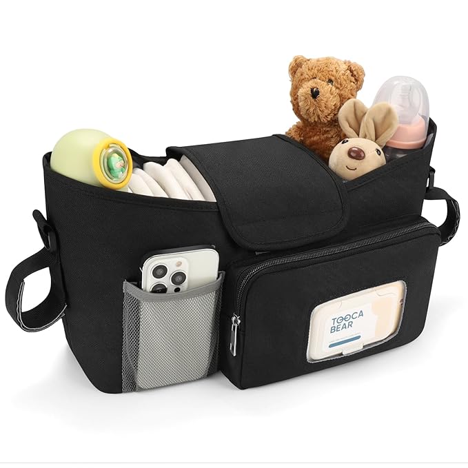 Accmor Universal Stroller Organizer with Insulated Cup Holder, Stroller Caddy Bag Accessories, Stroller Cup Holder Organizer for Uppababy Baby Jogger Britax Stroller, Black-BubblyBeeBaby