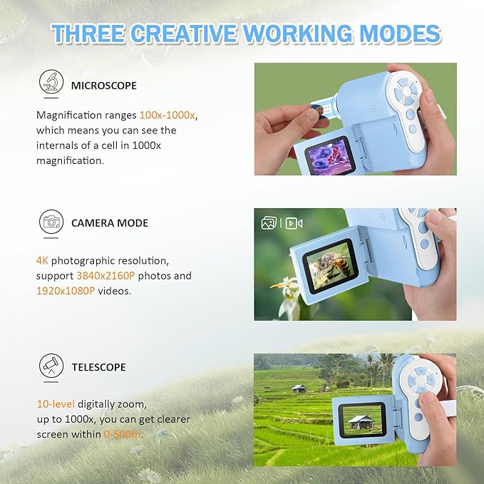 1000X Handheld Microscope for Kids, 4K 2.0" Screen Mini Pocket Microscope with 6 Adjustable LED Lights, Edu Science Birthday Gifts for Kids Ages 8-12, 32G SD Card Included - Blue-BubblyBeeBaby