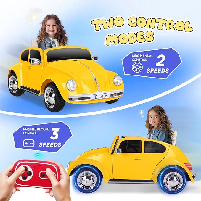 12V Kids Electric Car, Power Wheels with Remote Control, Ride on Car Toys with LED Light, 3 Speeds, Music, Yellow-BubblyBeeBaby