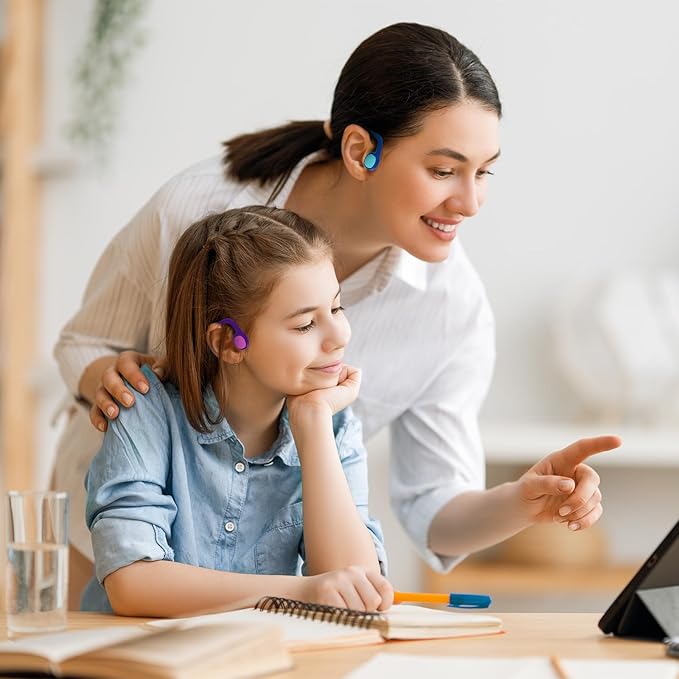 2 Pack Kids Headphones, Bluetooth 5.2 Air Conduction Open Ear Headphones, 85dB Volume Limiting, Stereo Sound with Mic, IPX5 Waterproof, 20H Playtime-Blue Purple-BubblyBeeBaby