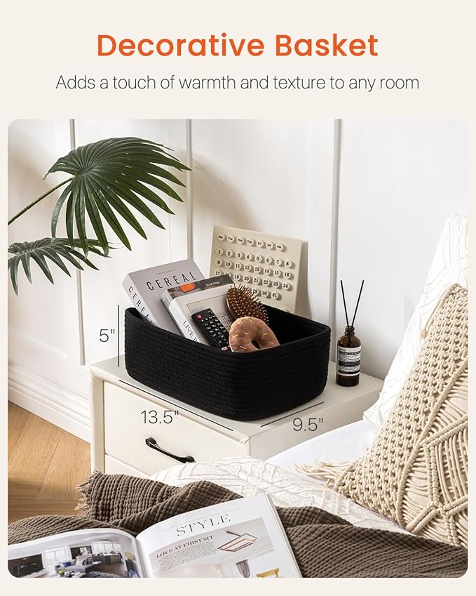 KALLAX Small Woven Basket, 13.5 x 9.5 x 5 Inches, Storage Basket for Organizing, Cute Small Rope Shelf Closet Cube Storage Bins Baskets for Shelves, Dog Toy Gift Baskets Empty, 3 Packs, Black-BubblyBeeBaby