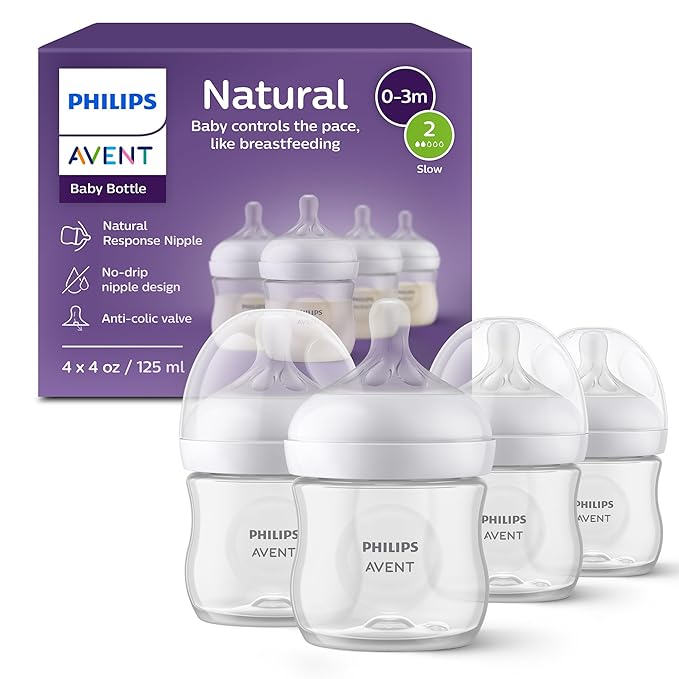 Philips Avent Natural Baby Bottles with Natural Response Nipples (Slow Flow, Flow 2), 4oz, 4-Pack, SCY900/04-BubblyBeeBaby