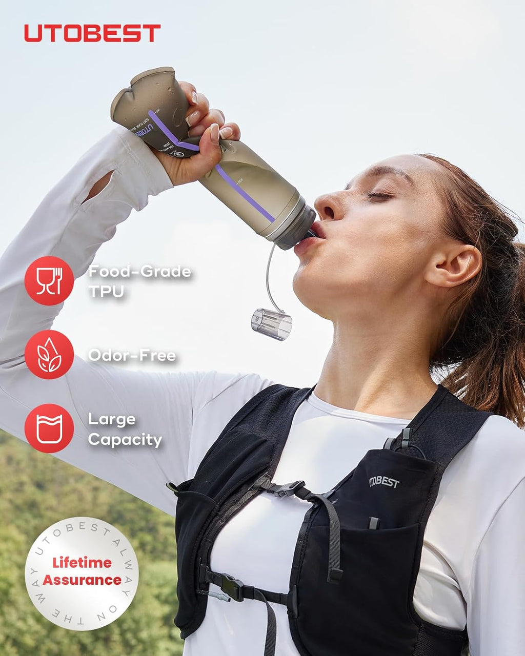 UTOBEST 500ml Soft Flask, 2 Pack Flexible TPU Hydration Water Bottle, Collapsible with 42mm Caliber for Running, Hiking, Cycling, Climbing, and Marathon Purple