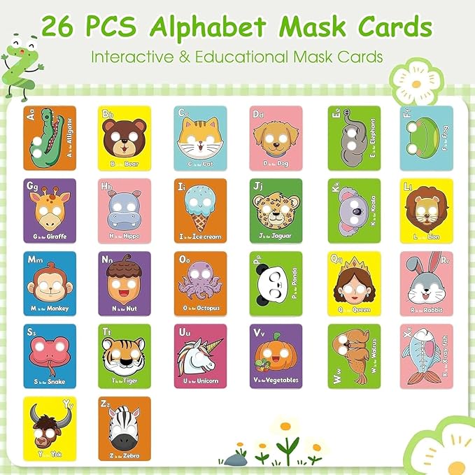 2025 New Alphabet ABC Flash Cards with Animal Masks, 26 Pcs Animal mask Alphabet Cards, Interactive Education Games, Learn Letters, English Phrases-BubblyBeeBaby