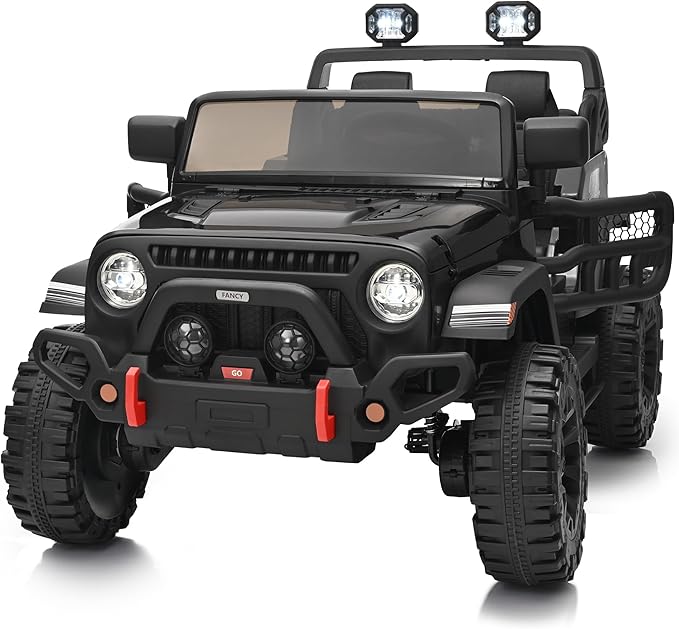 2 Seater Ride on Car Truck, 12V Kids Electric Ride on Toy for Big Kids Age 3-8 w/Remote Control- Black-BubblyBeeBaby