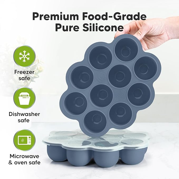 KeaBabies Silicone Food Freezer Trays with Lid, 2oz x 10 Pods Baby Food Storage Containers, Easy Puree Meal Prep, Breast Milk Silicone Freezer Molds, Dishwasher, Microwave Safe, BPA-Free (Slate)-BubblyBeeBaby