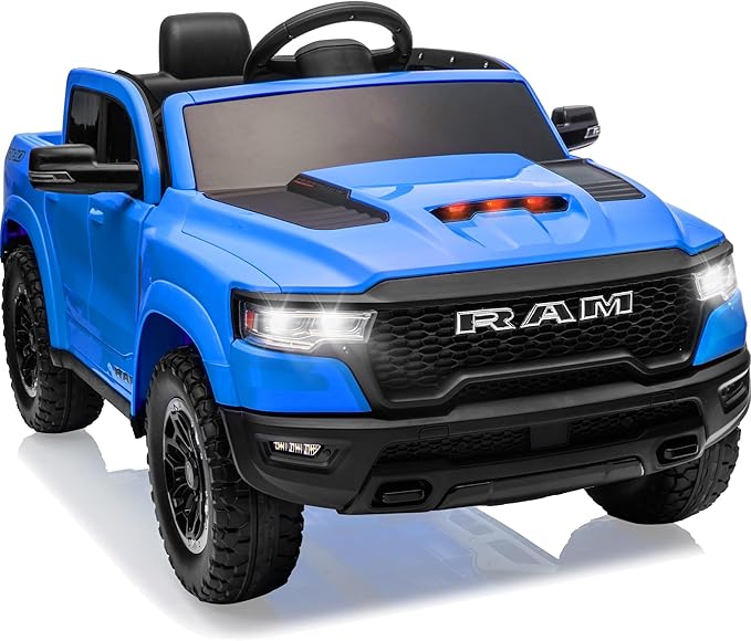 12V Kids Electric Vehicles, Licensed Ram 1500 RHO Kids Ride on Truck with Remote Control, Ride on Car for Children with Smooth Start, Truck Bed Storage, Bluetooth, Aux Port (Blue)-BubblyBeeBaby