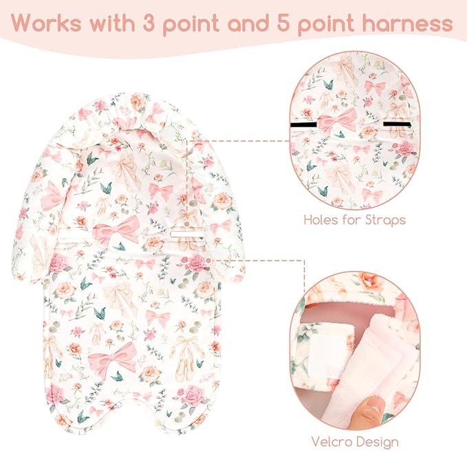 Baby Car Seat Head Support for Newborn, GFU 2 in 1 Infant Car Seat Head Body Support with Strap Pads, Soft Stroller Cushion Pillow Insert for Girls, Fits for Stroller, Swing, Pink Floral-BubblyBeeBaby